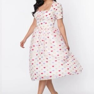 Unique Vintage White and Multi-colored Hearts Puff Sleeve Dress
